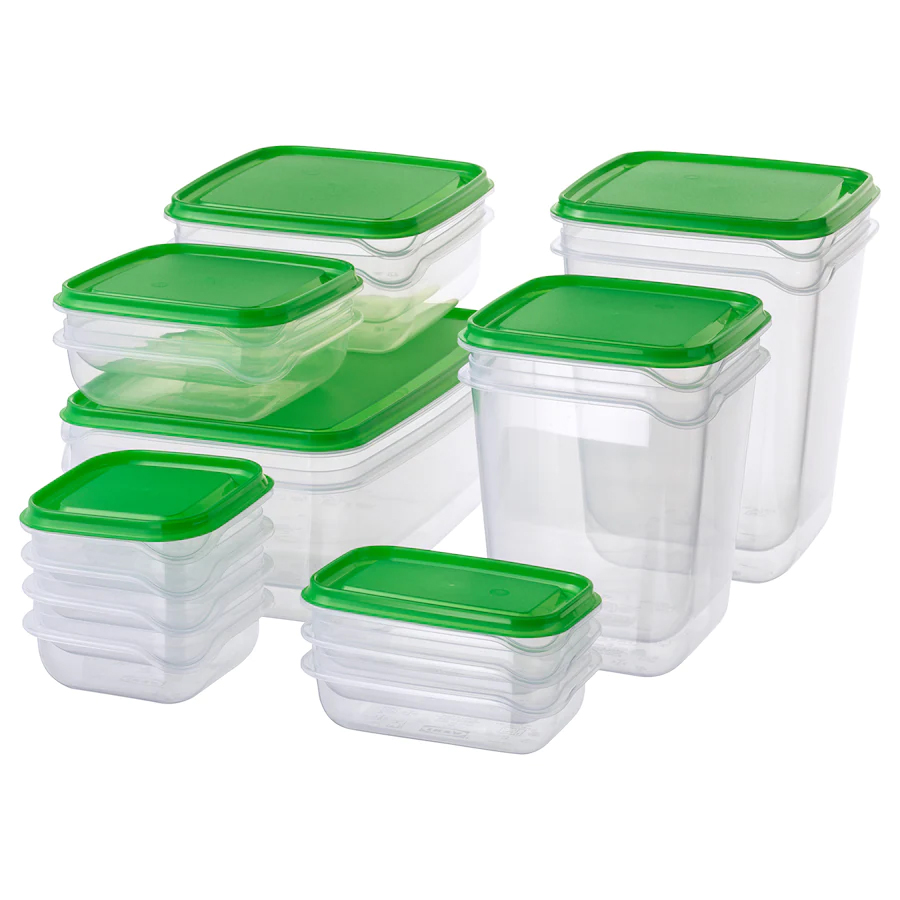 PRUTA Food container, Set of 17, Transparent/Green