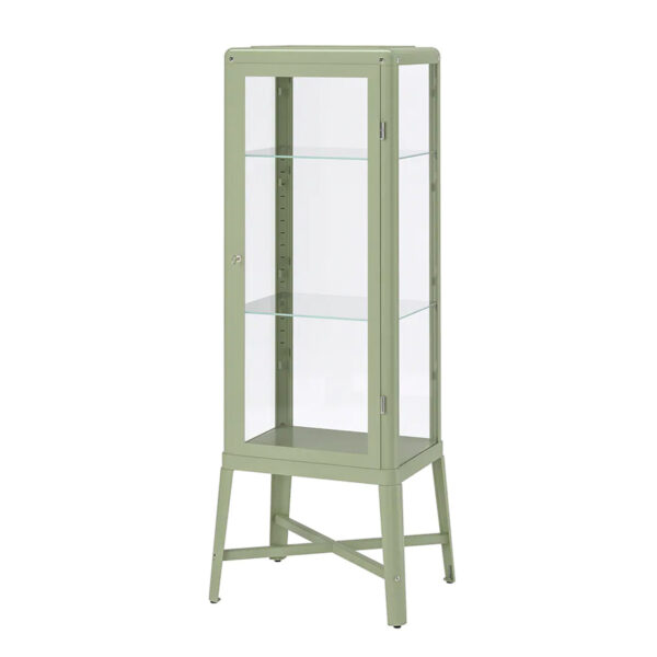 FABRIKOR Glass-door cabinet, pale grey-green, 57x150 cm
