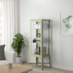 FABRIKOR Glass-door cabinet, pale grey-green, 57x150 cm