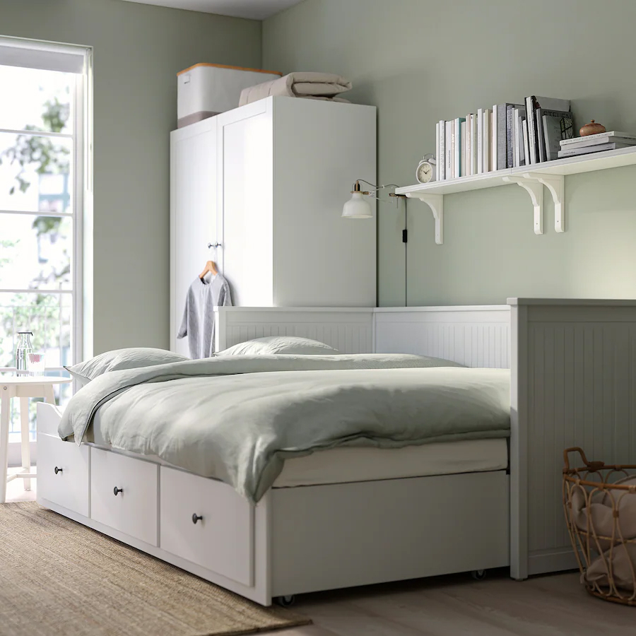 HEMNES Day-bed w 3 drawers/2 Foam mattresses, White / AGOTNES firm/light blue, 80×200 cm