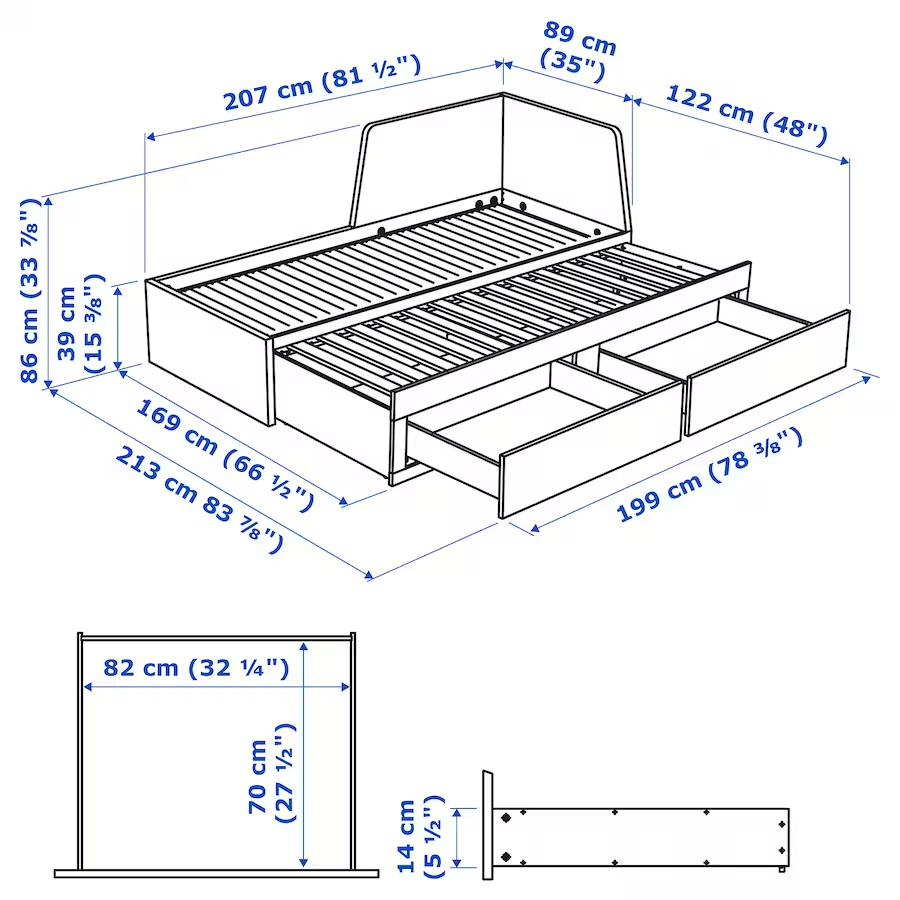 FLEKKE Day-bed w 2 drawers + 2 VANNAREID Mattresses, Extra firm, 80×200 cm