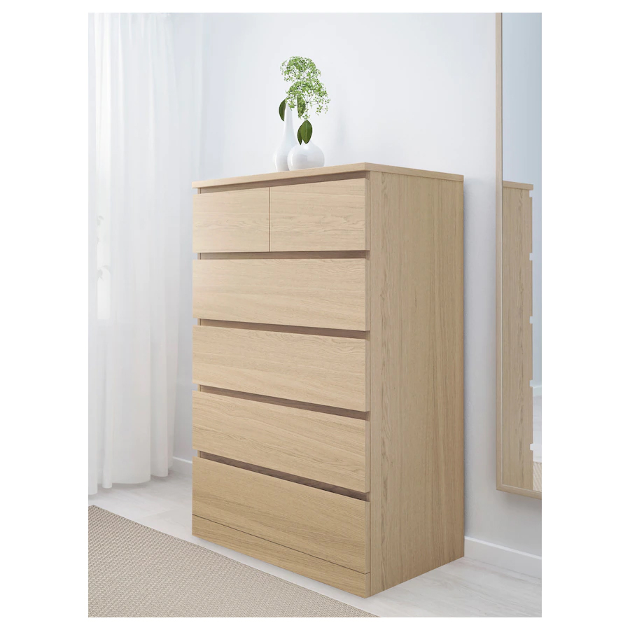 IKEA MALM Chest of 6 drawers, 80×123 cm - White stained oak veneer