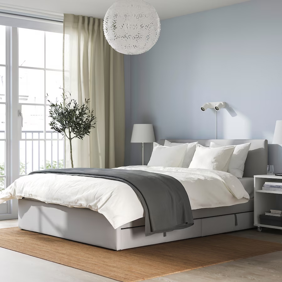 IKEA GLADSTAD Upholstered bed with 2 storage boxes, Kabusa light grey